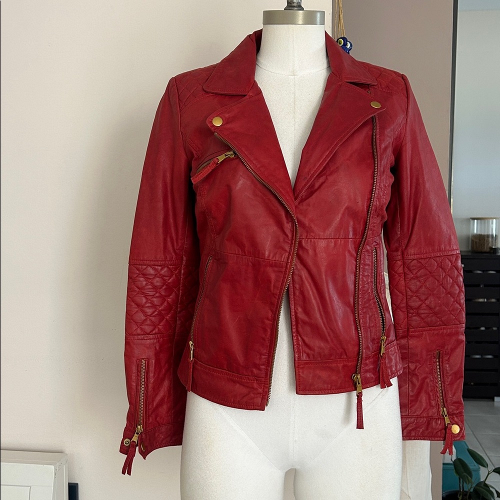 Vintage Zara Red Quilted Zipper decorated leather moto biker jacket size XS